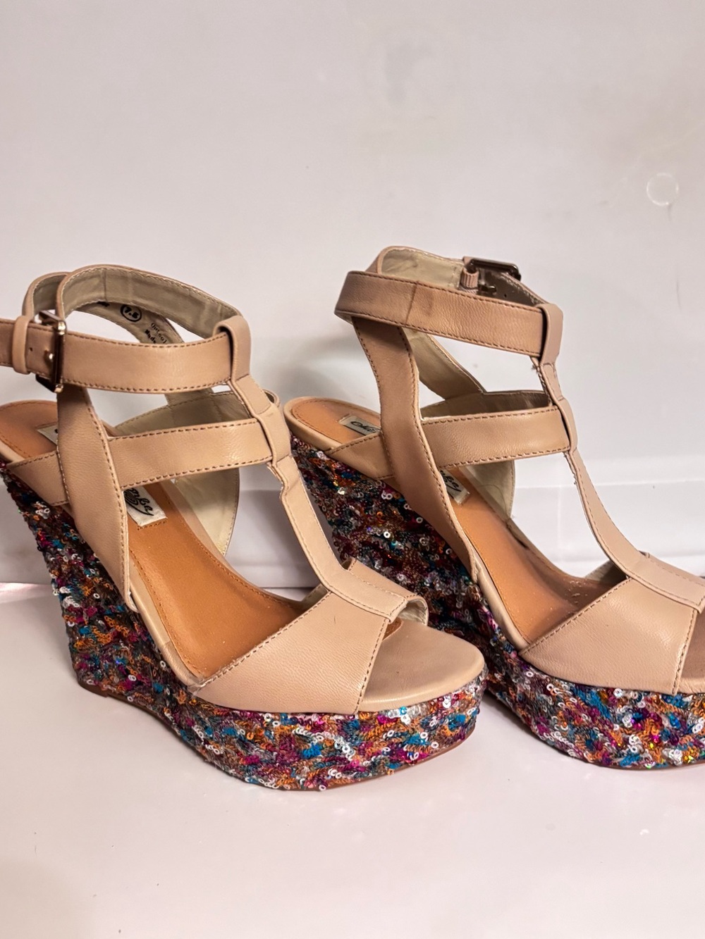 naughty monkey Nude T-Strap Wedge Sandals with Multicolor Sequin Platform